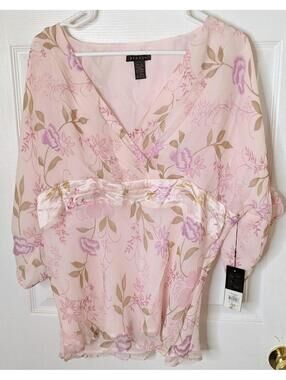 Sioni Light Pink Floral V-neck Silk Top Kimono Sleeves Cumberbund Size XL NWT